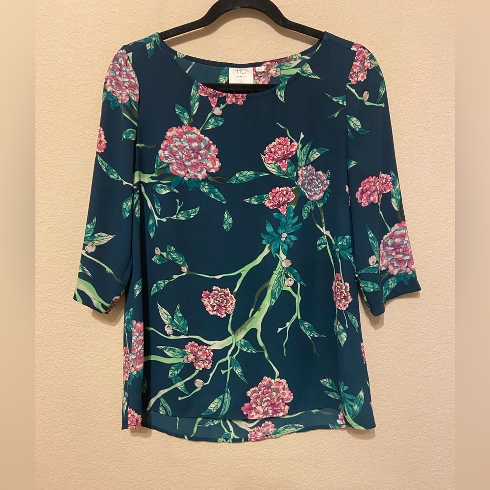 EUC HD In Paris Anthropologie Eira Floral Green 3/4 Sleeve Blouse Womens Size 2